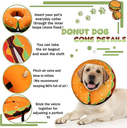 Inflatable Dog Cone Collar for Large Medium Small Dogs, Soft Adjustable Recovery Cone Collar for Dogs Cats,Dog Neck Donut Cone Alternative After Surgery(Hamburger,Small