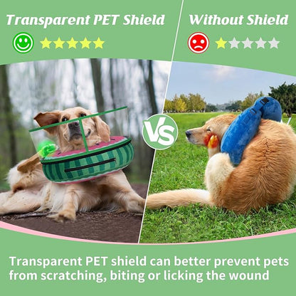 Inflatable Dog Cone, Watermelon Donut Collar After Surgery, Donut Cone with Detachable Anti-Licking Shield, Soft Recovery Collar for Large Medium Pets Does Not Block View