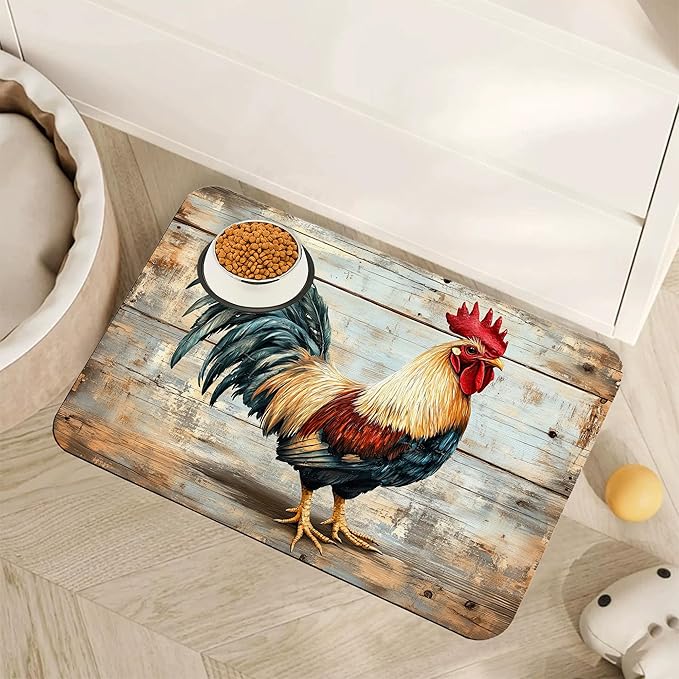 Rooster Dog Food Mat for Floors,Vintage Wood Panel Absorbent Quick-Dry Pet Feeding Mat,Cat Dog Bowl Mats for Food and Water,Non-Slip Pet Accessories Supplies 12"x20"