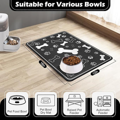 Pet Feeding Mat,Rapid Absorbent Mats for Dog Cat Food, Dog Placemat Water Bowl Mat with Rubber Backing,Messy Drinkers to Protect Floors, Pet Accessories 12"x18" Black