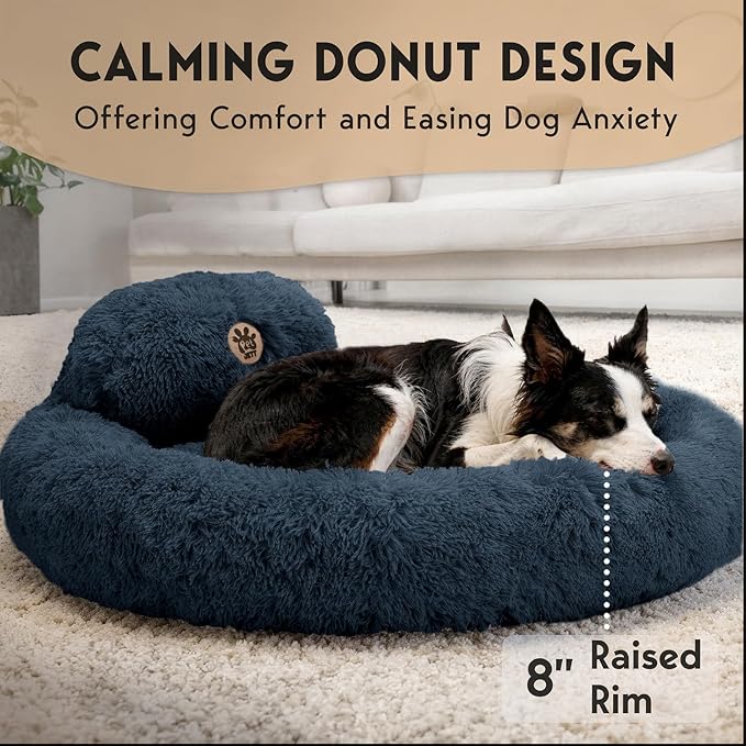 PetJett Dog Beds Large Sized Dog - 36'' Calming Round Bed, Anti-Slip & Washable Super Soft Donut Bed, Fluffy Faux Fur Anti-Anxiety Premium Comfort Pet Bed, Fits Dogs up to 80 lbs - Dark Grey