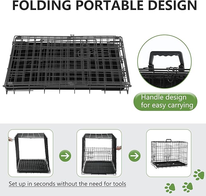 FDW 24-Inch Dog Crate Pet Cage with Metal Folding Design Plastic Tray Indoor Outdoor Dog Kennel Cage for Small Dogs,Dark Black