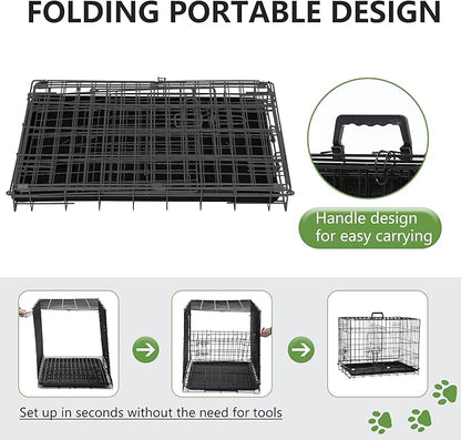 FDW 24-Inch Dog Crate Pet Cage with Metal Folding Design Plastic Tray Indoor Outdoor Dog Kennel Cage for Small Dogs,Dark Black