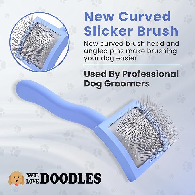 Slicker Brush for Dogs, Dog Grooming Supplies - Best Doodle & Poodle Brush for Haired Dogs - Goldendoodle Pin Detangler for Dematting (Small Curved)