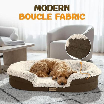 Fluffy Orthopedic Dog Bed for Small & Medium Dogs, Calming Plush Sofa Bed with Curved Bolster Support and Egg-Crate Foam Base, 35" Cozy Oval Pet Donut Bed with Washable Cover, Coffee