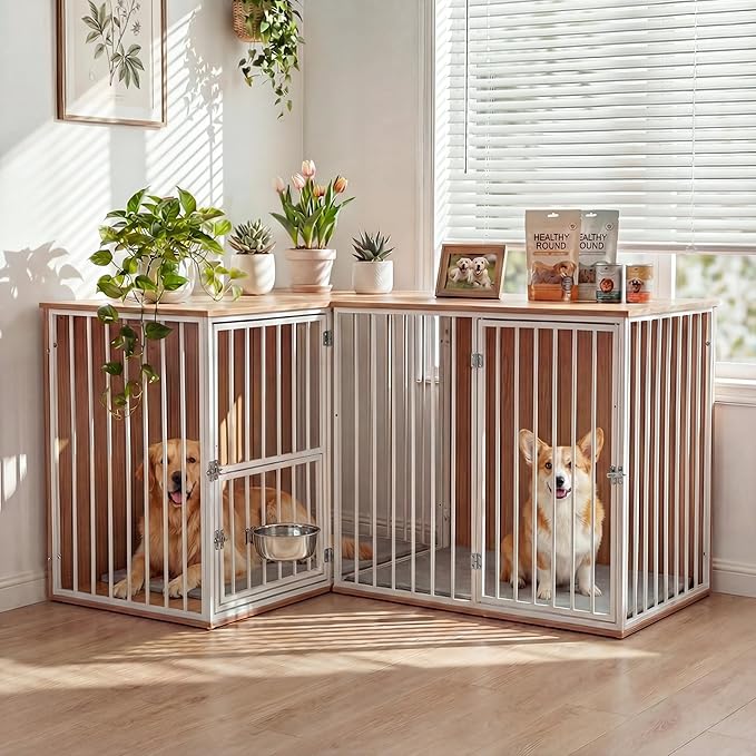 Dog Crate Furniture for 2 Dogs, Corner Heavy Duty Double Dog Kennel Furniture with Divider, Indoor Wooden Dogs Crate Large Breed (White)