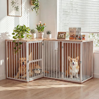 Dog Crate Furniture for 2 Dogs, Corner Heavy Duty Double Dog Kennel Furniture with Divider, Indoor Wooden Dogs Crate Large Breed (White)