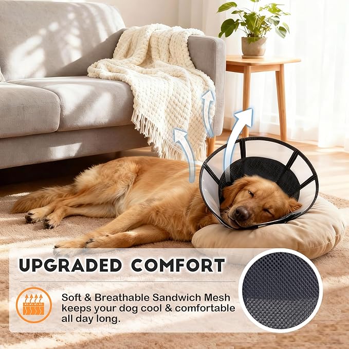 Soft Dog Cone, Stop Licking Deep Pet Recovery Collar After Surgery for Extra Large Dogs, Clear Plastic Breathable Elizabethan Head Neck Circle, Adjustable Comfortable Cones 30cm Long (XL Black)