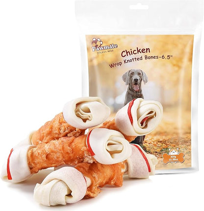 Pawmate Dog Treats Large Breed, Chicken Wrapped Rawhide Bones 6.5'', Large Size Long Lasting Dog Chews with Taurine, Teeth Cleaning Training Treats Snacks for Medium Large Dogs, 4 Counts, 10.6 oz