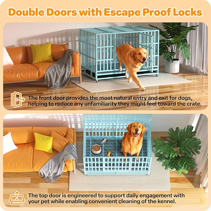 Hiwokk 48 Inch Heavy Duty Dog Crate, Indestructible Escape-Proof Dog Kennel for High Anxiety Large Dogs, Strong Metal Pet Cage with Double Doors, Lockable Wheels & Removable Tray, XL XXL XXXL
