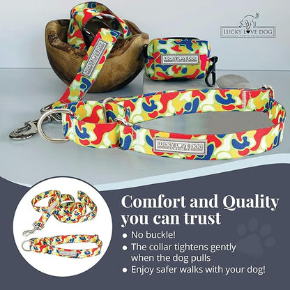 Lucky Love Dog Martingale Dog Collar & Leash - Adjustable, No-Slip, Durable, Comfortable, Soft Webbing, & Stylish Patterned Collar & Leash Set for Male and Female Dogs - Oscar Combo, Small