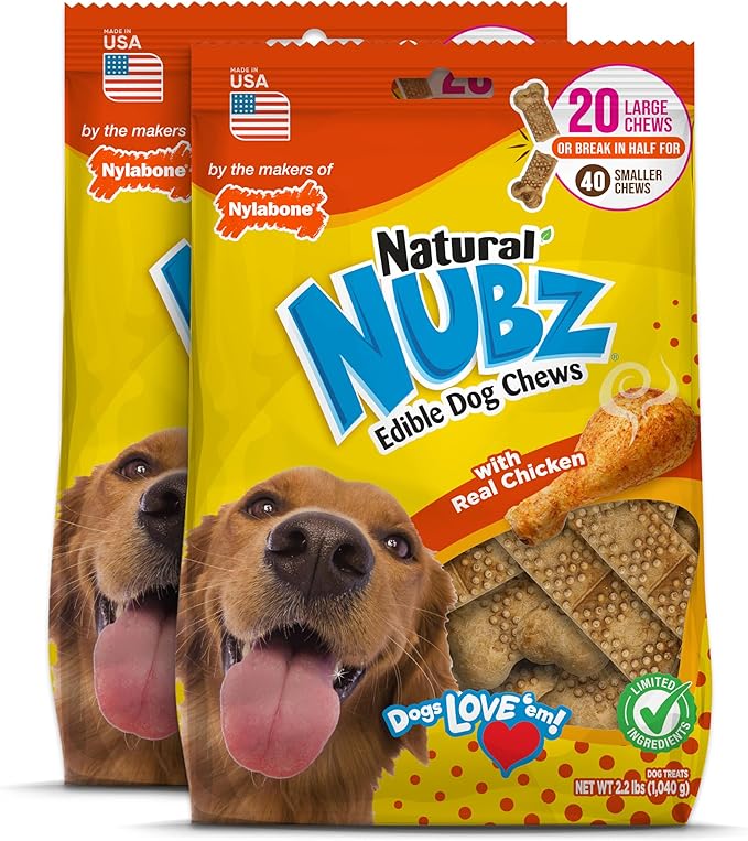 Nylabone Nubz Natural Edible Chew Treats for Dogs, Made in USA, Chicken Flavor, Large - Up to 50 lbs. (40 Count)