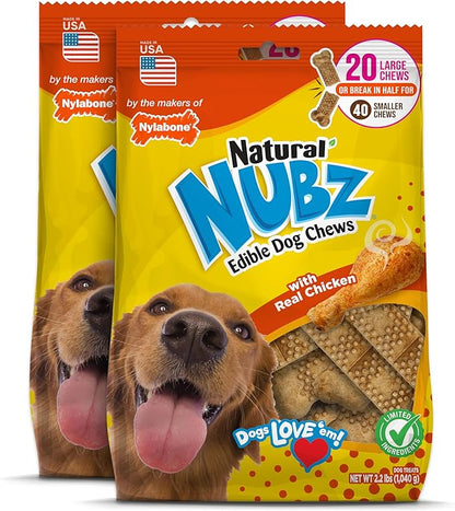 Nylabone Nubz Natural Edible Chew Treats for Dogs, Made in USA, Chicken Flavor, Large - Up to 50 lbs. (40 Count)