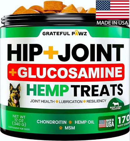 Grateful Pawz Hemp Hip and Joint Supplement for Dogs - Glucosamine for Dogs - 170 Joint Pain Relief Treats - Chondroitin, MSM - Advanced Health Supplement - Beef Liver Flavor - Made in USA