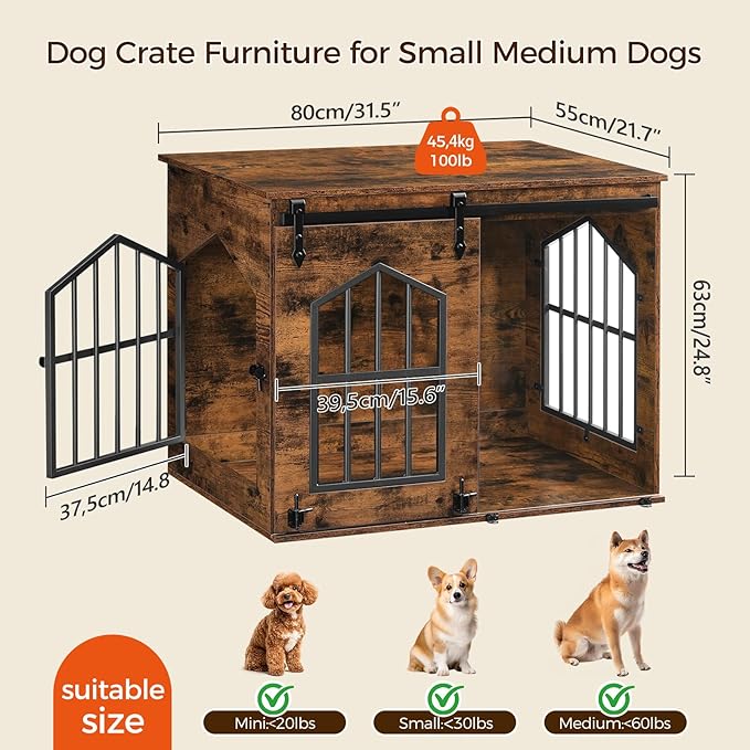 MAHANCRIS Dog Crate Furniture, 31.5" Farmhouse Dog Kennel with Sliding Barn Door, Wooden Dog Cage for Small Medium Dogs, Decorative Pet House Side End Table, Chew-Resistant, Rustic Brown DCHR9601