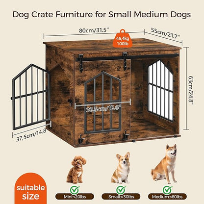 MAHANCRIS Dog Crate Furniture, 31.5" Farmhouse Dog Kennel with Sliding Barn Door, Wooden Dog Cage for Small Medium Dogs, Decorative Pet House Side End Table, Chew-Resistant, Rustic Brown DCHR9601