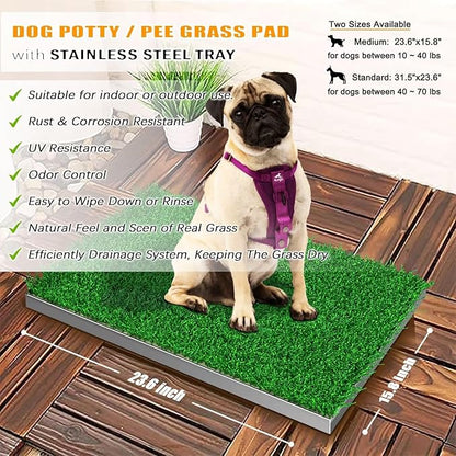Dog Grass Pad with Stainless Steel Tray - 23.6"x15.8" Dog Potty Indoor Outdoor - Odor-Free 4-Layer Drainage System with Durable & Strong Metal Tray - Artificial Grass Turf for Small Medium