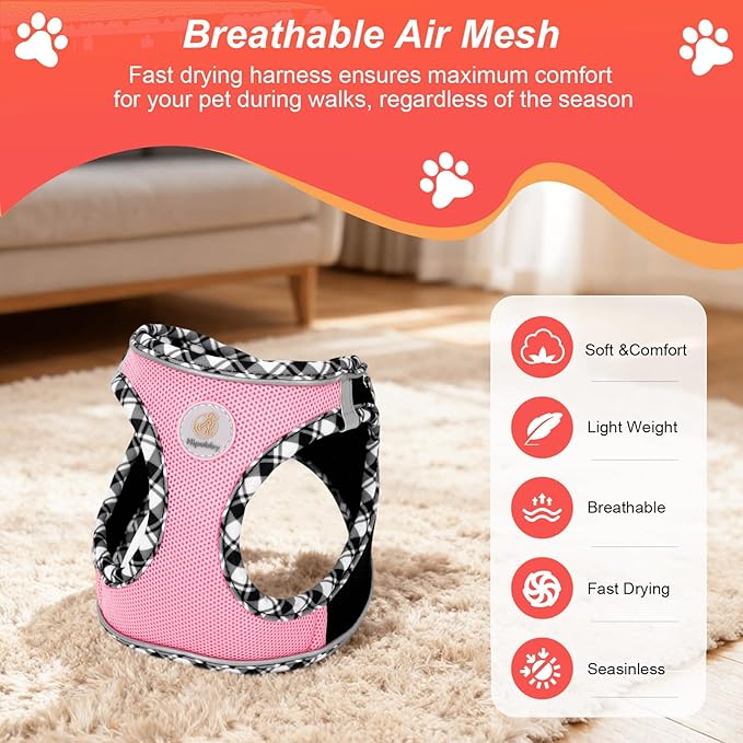 Hipubby Dog Harness Small Sized and Leash Set, No Pull Soft Mesh Puppy Vest, Reflective Breathable Lightweight Pet Harness, Harness for Small Medium Dogs and Cats - Black Pink, XXS