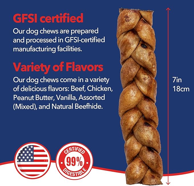 Pet Factory 7in Braided Beefhide Dog Chew Sticks with Peanut Butter Flavor - 100% USA Made Rawhide Chews for Medium Dogs,Long Lasting Dental Health,7 inches,6 Count (Pack of 2)