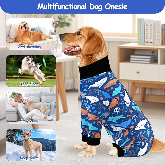 Etdane Dog Onesie Surgery Recovery Suit for Female Male Dogs After Spayed Suit Surgical Recovery Suit Anti Shedding Body Suit for Small Medium Large Dog Sharks/Large
