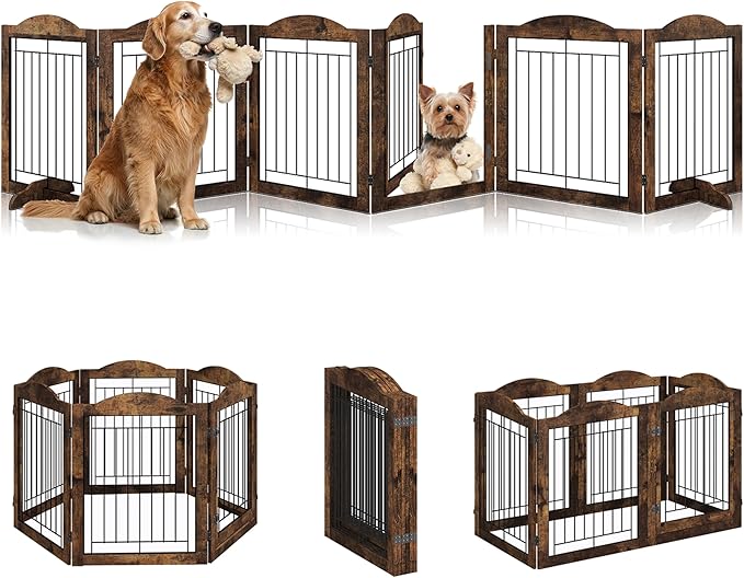 Vantas Folding No-Assembly Dog Door Pet Gate 144" Wide, 30" Tall Wooden Dog Gate with Door Walk Through, Freestanding Wire Pet Gate, Pet Puppy Safety Fence, with 2PCS Support - Rustic Brown