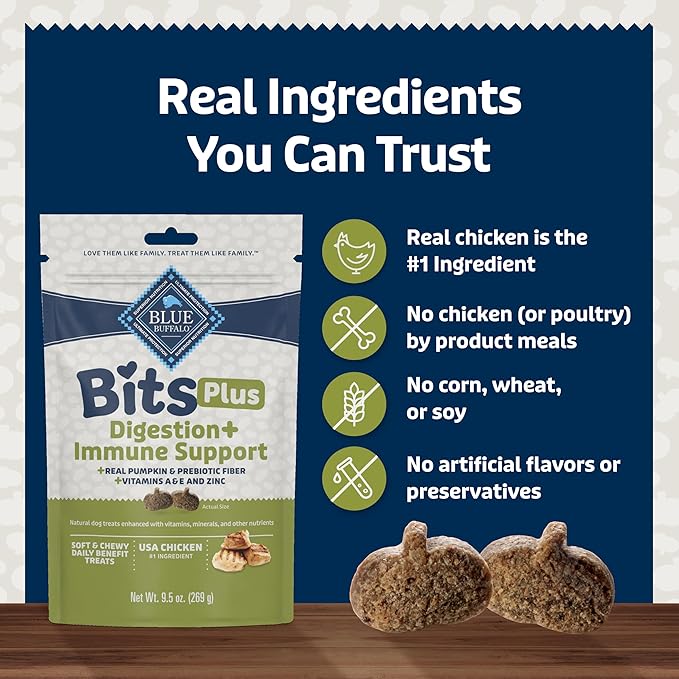 Blue Buffalo Blue Bits Plus Digestion and Immune Support Dog Treats, Chicken, 9.5-oz. Bag (Pack of 2)