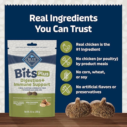 Blue Buffalo Blue Bits Plus Digestion and Immune Support Daily Benefit Dog Treats, Soft & Chewy Chicken and Pumpkin Morsels, 9.5-oz. Bag
