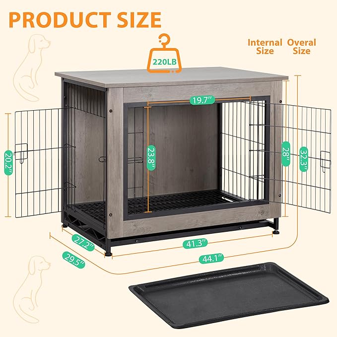 Shintenchi Wooden Dog Crate Furniture for Large Breed, L Double-Door Kennel Indoor with Removable Tray, End Table L Dog Crate for Decoration, 44.1" L, Gray