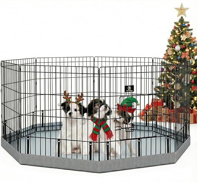 PJYuCien Dog Playpen with Bottom Pad - Metal Foldable Exercise Pen, 8 Panels 24" H x 24" W Indoor Outdoor Pet Fence Puppy Crate Kennel, Gray