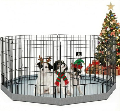 PJYuCien Dog Playpen with Bottom Pad - Metal Foldable Exercise Pen, 8 Panels 24" H x 24" W Indoor Outdoor Pet Fence Puppy Crate Kennel, Gray