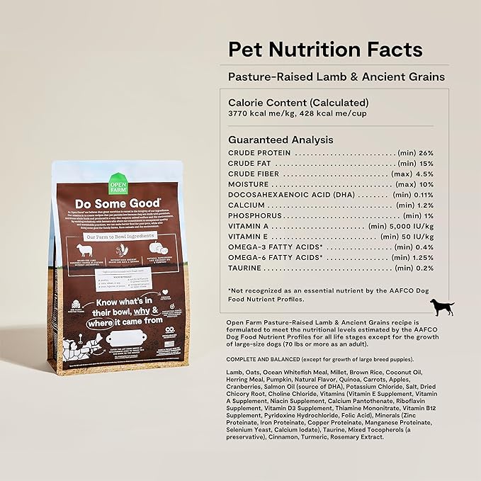 Open Farm, Ancient Grains Dry Dog Food, Protein-Rich & Nutrient Dense, 90% Animal Protein Mixed with Non-GMO Fruits, Veggies and Superfoods, Pasture Raised Lamb Recipe, 4lb Bag