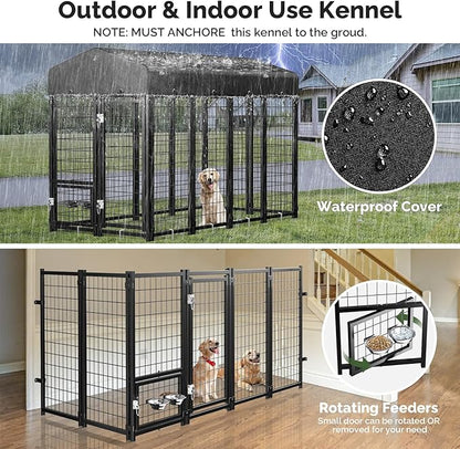 Sino Luban 2PCS Outdoor Dog Kennel Outside Run with Doggy Door, Swivel Feeder&Roof - 8x4x6FT Large Dog Kennels Pens Outside for Large Dogs Breed - Heavy Duty Cage (Can Connect to Your Dog House)