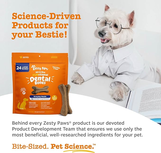 Zesty Paws Dental Bones - Fights Tartar & Plaque - Gum, Teeth & Bone Health - Cinnamon for Dog Breath - Immune, Joint, Gut, Skin & Coat Support - Omega 3 EPA & DHA and Calcium - Large Dogs - 24 ct