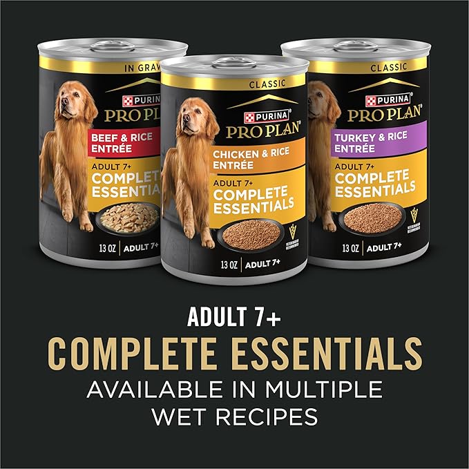 Purina Pro Plan Wet Dog Food for Senior Dogs Adult 7 Plus Chicken and Rice Entree Classic - 13 oz. Cans,(Pack of 24)