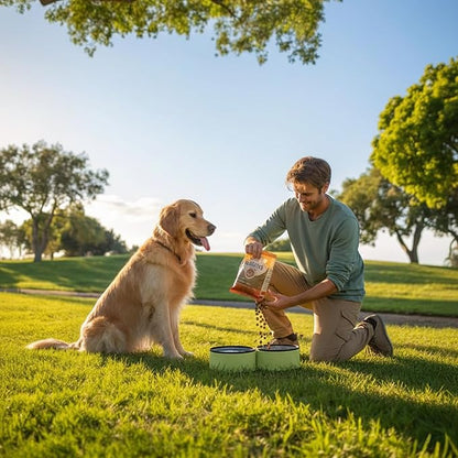 OllyDog Superbowl | Collapsible Dog Travel Bowl | 2 Compartment Food & Water | Foldable| Portable Dog Bowl | Hiking, Camping (Palm)