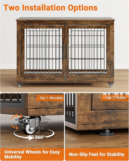 YaFiti Dog Crate Furniture with Cushion Set of 2, Wooden Dog Kennel Indoor with Double Doors, Dog Cage with Wheels, Dog House Side End Table for Large Dogs up to 85 lb, 44" L, Rustic Brown