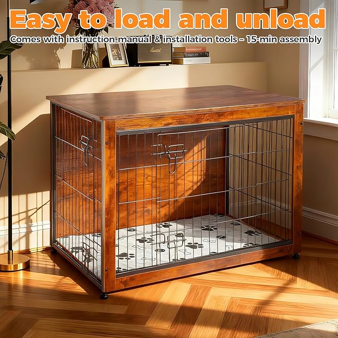 SHAWKEN Wooden & Metal Large Dog Crate Furniture Indoor with Soft Cushion, Double-Door Dog House, 37.4" L Dog Kennel (Rustic Brown, Large)