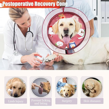 Soft Cone Collar With Guard Shield for Dogs - Inflatable Surgery Recovery Donut, Prevents Licking Wounds and Stitches, Does Not Block View (Xmas Elf, Medium+)