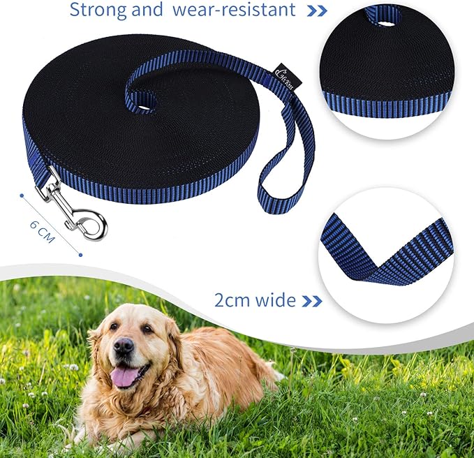 Hi Kiss Dog/Puppy Obedience Recall Training Agility Lead - 15ft 20ft 30ft 50ft 100ft Training Leash - Great for Training, Play, Camping, or Backyard(15ft,Black_Blue)