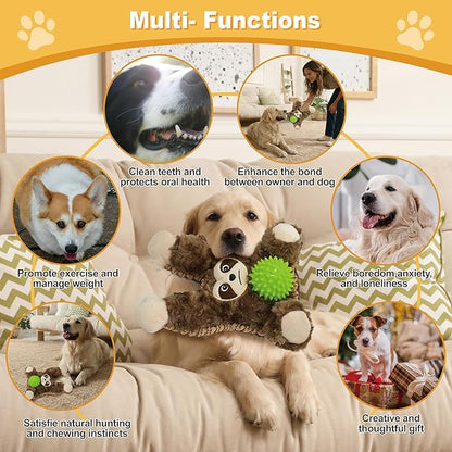 Grey Brown Sloth Plush Spiky Squeaky Dog Toy for Chewers Puppy Teething Chew Toy Cute Soft Funny Durable Stuffed Animal Interactive Tough Dog Toy for Small Medium Large Dogs Toy Gift 22cm/8.66in