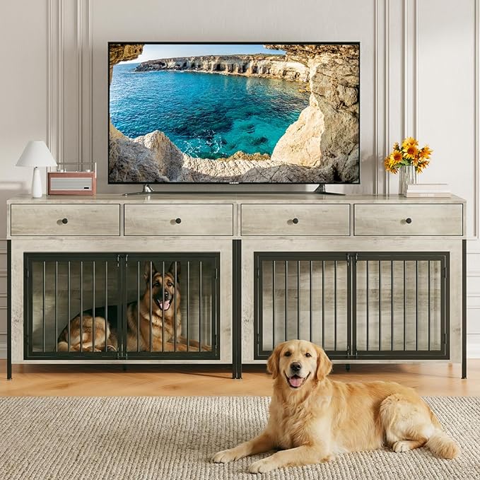 PUKAMI 44inch Large Dog Crate Furniture with Drawers, Wooden Dog Kennel Furniture for Indoor use, Grey End Table Dog House, for Small/Medium/Large Dog, 2-Pack Set
