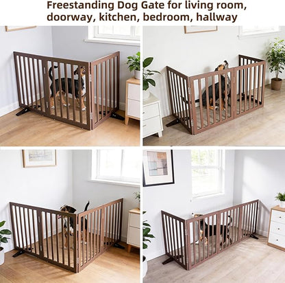 ZJSF Freestanding Indoor Dog Gate for House Foldable Wood Puppy Gate for Doorways Pet Gate for Stairs Extra Wide Pet Fence, Brown, 32" Height 3 Panels