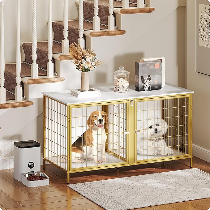 MAHANCRIS Dog Crate Furniture for 2 Dogs, 43.3" Dog Kennel with Removable Divider, Heavy Sturdy Dog Furniture Style Double Cage for Small Medium Dog, Indoor Pet House End Table, White and Gold