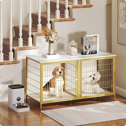 MAHANCRIS Dog Crate Furniture for 2 Dogs, 43.3" Dog Kennel with Removable Divider, Heavy Sturdy Dog Furniture Style Double Cage for Small Medium Dog, Indoor Pet House End Table, White and Gold