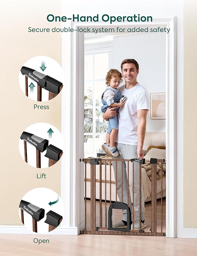 Babelio CatPrivilege Ⅲ Baby Gate with Cat Door, 29"-43" Adjustable Black Wood Pattern Pet Door, 30" Tall Pressure Mounted Safety Gate for Stairs & Doorways, Auto Close,Wall Protectors Included