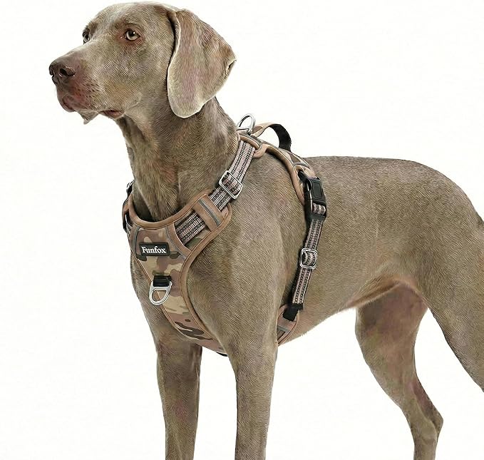 Funfox Dog Harness No Pull, Adjustable Pet Vest Harness, Super Soft Material with Vertical Handle Easy Control, Reflective Night Walking, 2 Leash Clips for XLarge Dogs, Camo Brown, XL