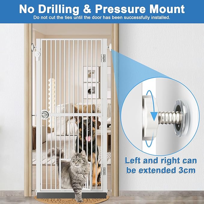 61" Extra Tall Cat Gate for Doorway, 30.2"-32.6" Adjustable Wide Dog Door with Cat Door, 1.37" Gap for Pet Gates, Suitable for Doorways or Kitchen, No Drilling Pressure Mount Kit, White