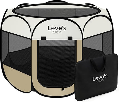 Love's cabin Pet Puppy Dog Playpen, Medium Dog Tent Crates Cage Indoor/Outdoor, Portable Playpen for Cat, Foldable Pop Up Dog Kennel Playpen with Carring Case, Removable Zipper Top, Khaki