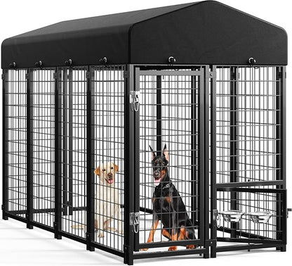 Sino Luban Outdoor Dog Kennel Outside Run with Doggy Door, Swivel Feeder&Roof - 8x4x6FT Large Dog Kennels Pens Outside for Large Dogs Breed- Heavy Duty Cage Yard (Can Connect to Your Dog House)