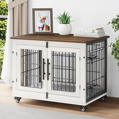 YaFiti Dog Crate Furniture with Cushion Set of 2, Wooden Dog Kennel Indoor with Double Doors, Dog Cage with Wheels, Dog House Side End Table for Small Medium Dogs up to 45 lb, 32.5" L, White
